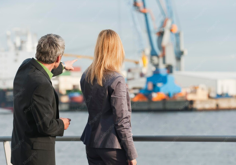 Duo d’entrepreneurs échangeant devant un site industriel moderne ou les docks de Strasbourg.